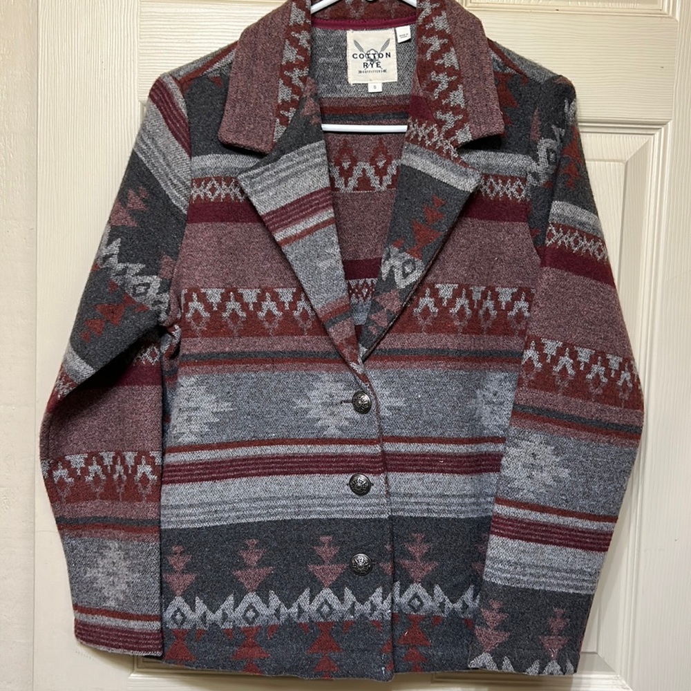 BRAND NEW! Small, Cotton Rye Outfitters wool designer jacket. Maroon/ grey.